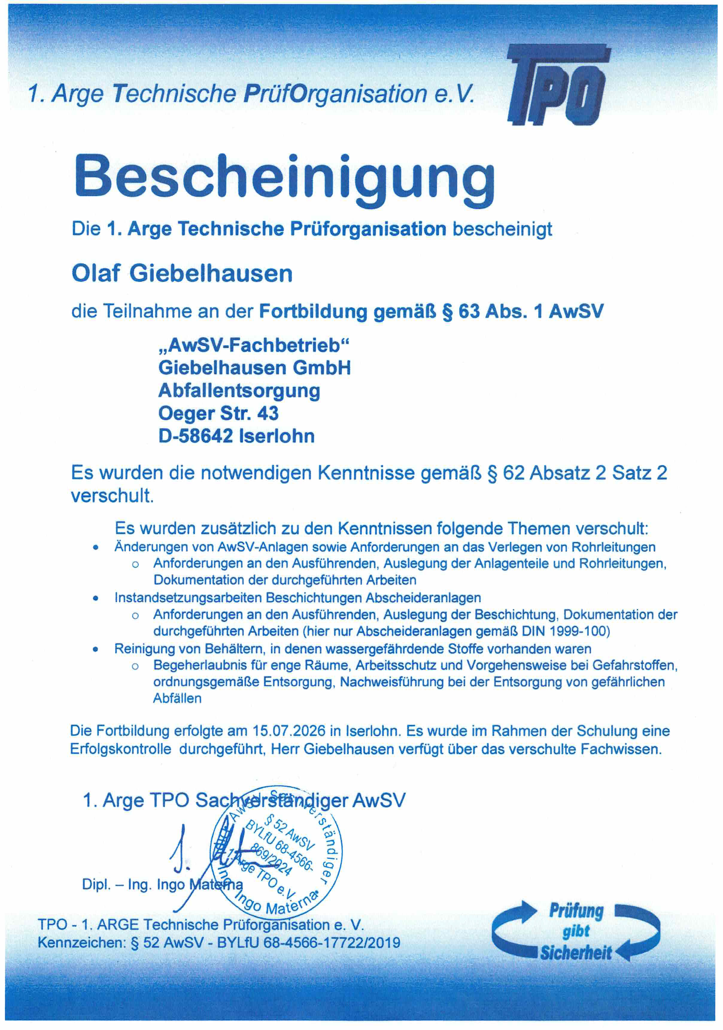 Fortbildungsnachweis von Olaf Giebelhausen nach § 63 Abs. 1 AwSV